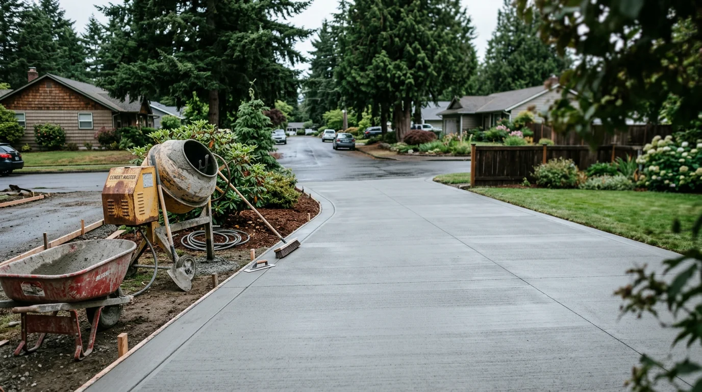 Concrete contractor pouring and finishing concrete pad at a residential site in Mount Vernon, Washington.