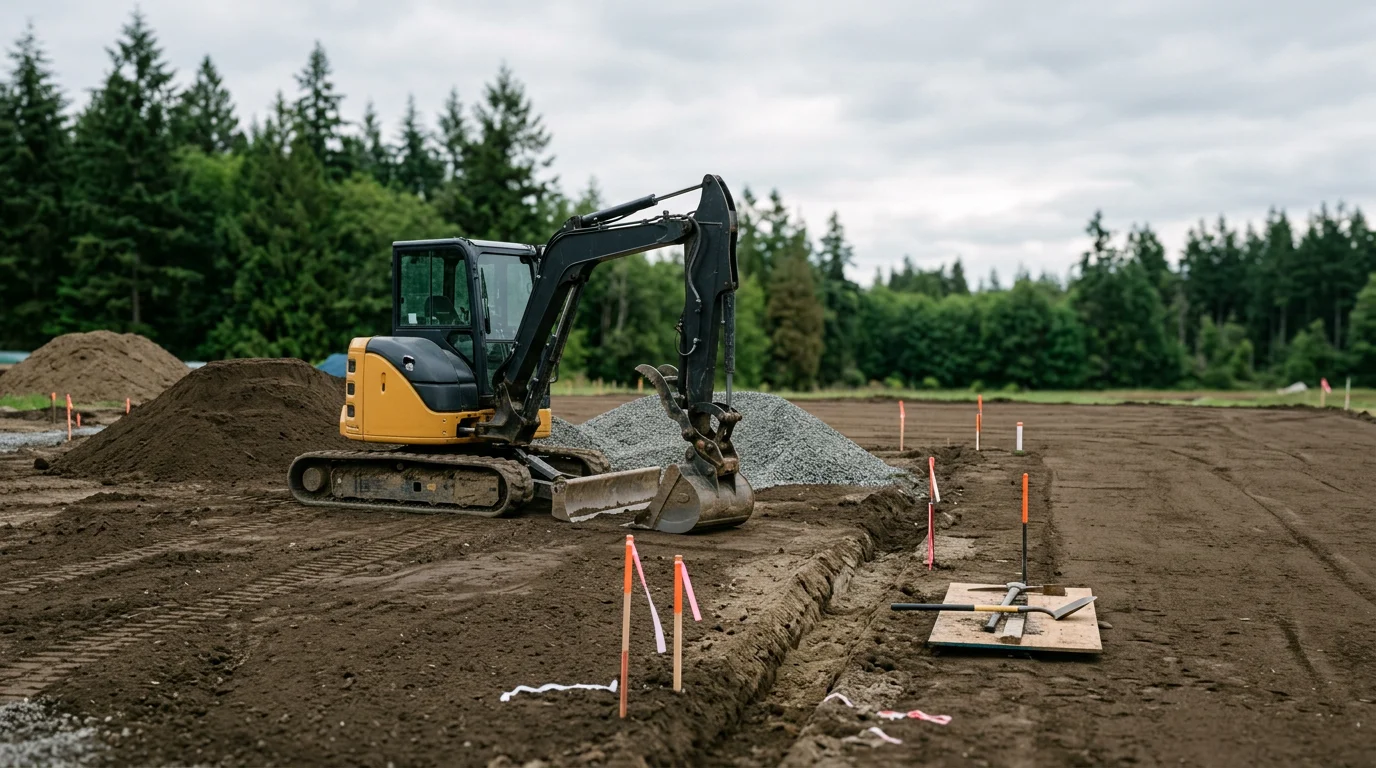 Excavator clearing land and preparing site for residential construction in Mount Vernon, Washington.