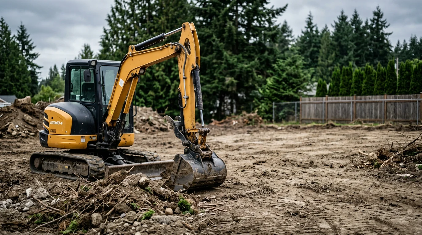 Excavator clearing a residential lot in Mount Vernon, Washington