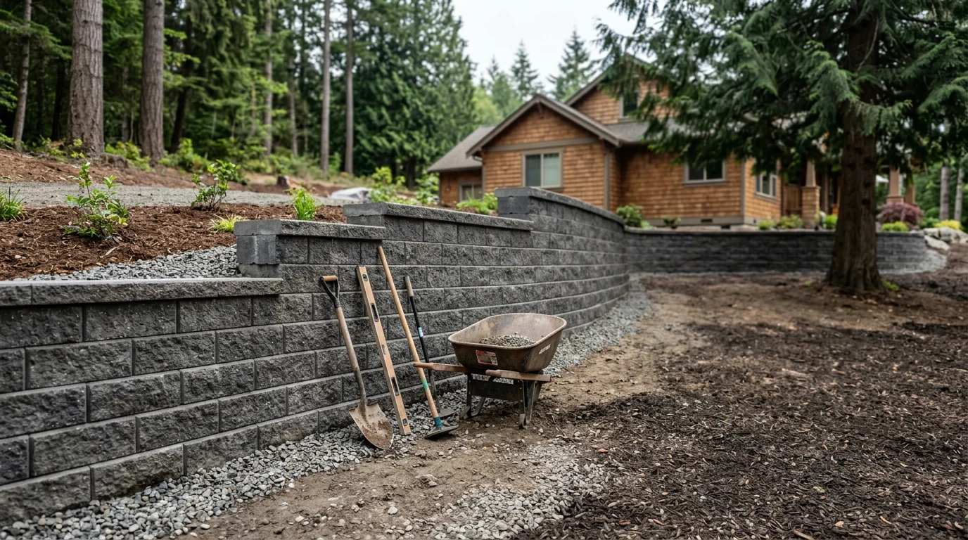Completed retaining wall installation on a sloped residential property in Mount Vernon, Washington.