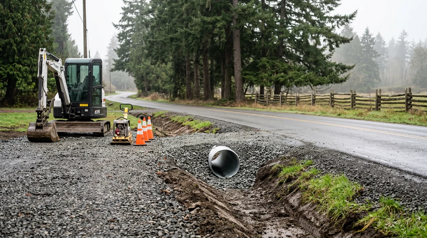 Excavator grading a gravel road base during a road construction project in Mount Vernon, WA