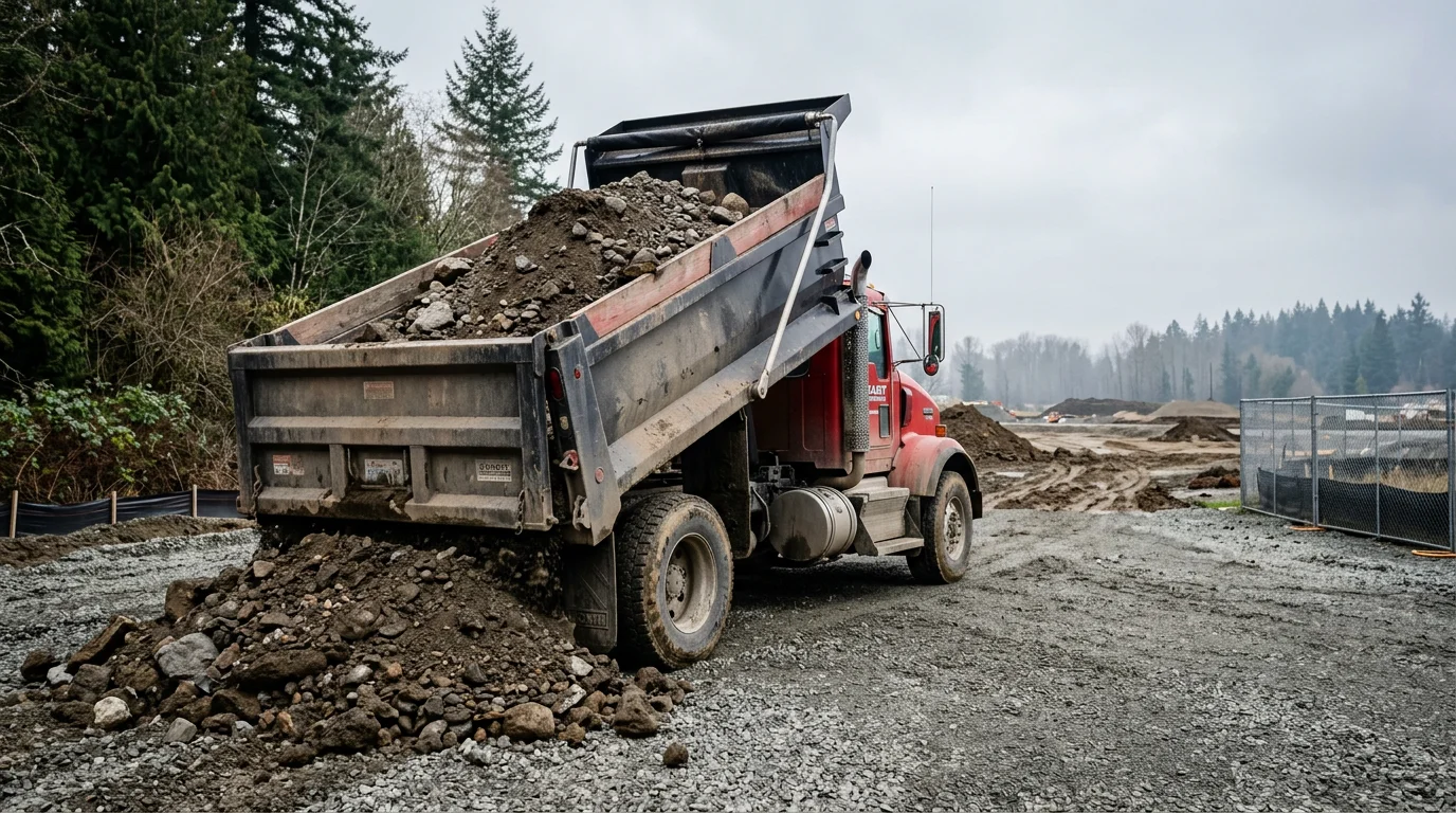 Dump truck hauling excavated soil and construction debris from a site preparation project in Skagit County.