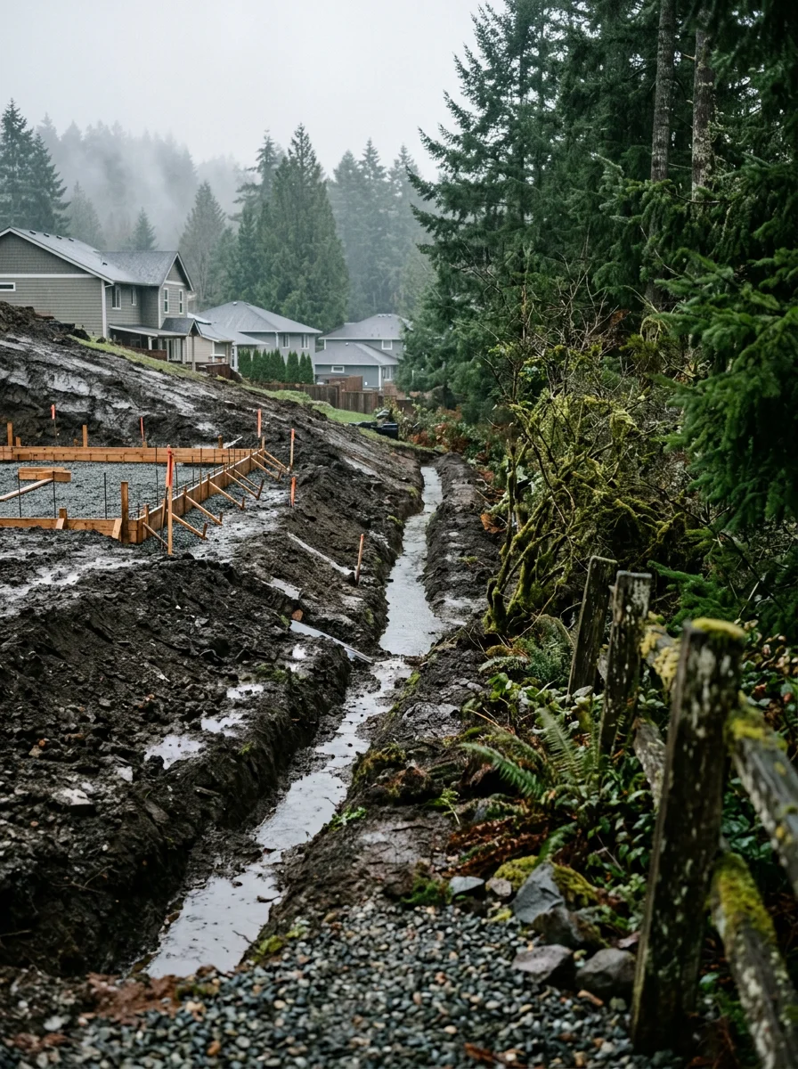 Wet winter conditions in Anacortes with drainage channels and foundation work on sloped residential property
