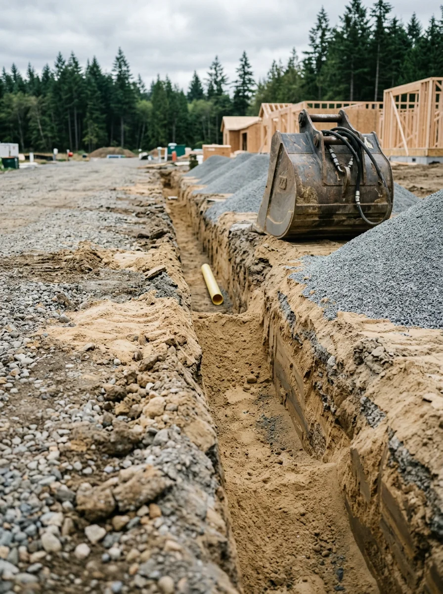 Utility trench being cut through sandy outwash soil on a residential construction site in Arlington, WA, with pipe bedding gravel staged alongside.