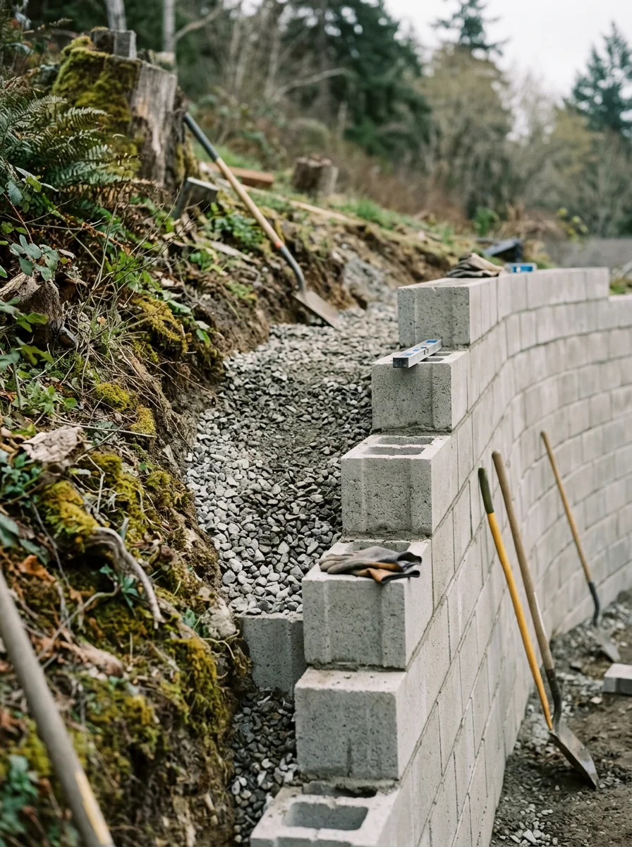 Retaining wall under construction on a sloped hillside lot in Bellingham, Washington, with drainage aggregate being placed behind the wall blocks.