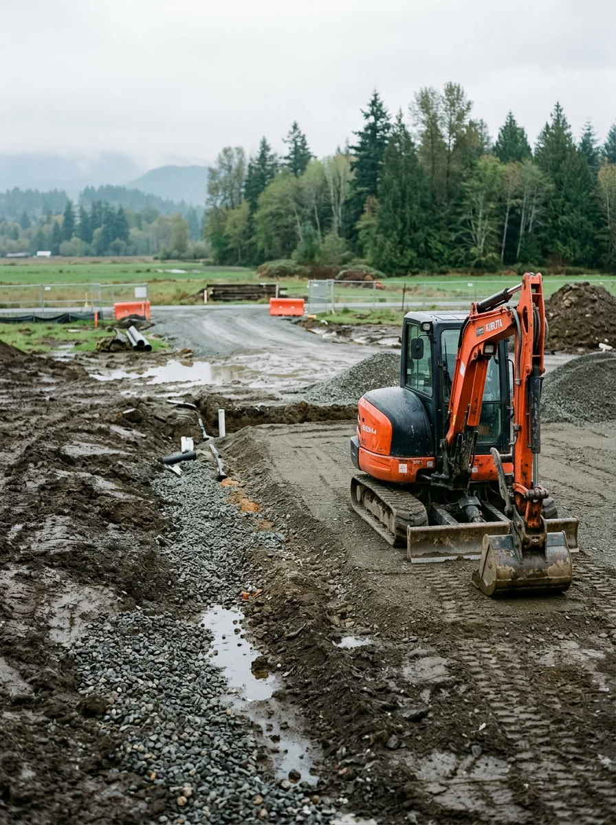 Heavy equipment preparing a foundation pad on Bow's wet, loamy soil with drainage considerations