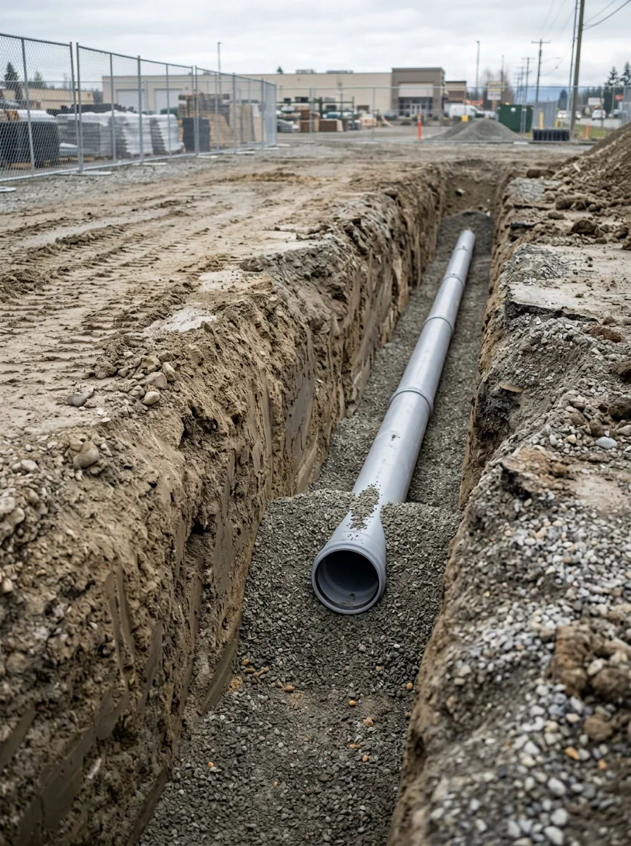 Utility trench cut through a commercial site along Burlington's I-5 corridor, showing sewer pipe being set in compacted gravel bedding.