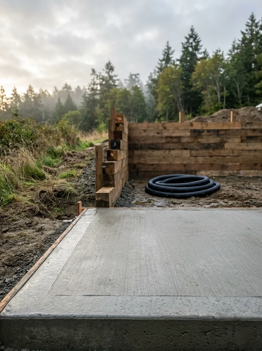 Concrete foundation pad installation on Camano Island with drainage system and retaining wall in progress