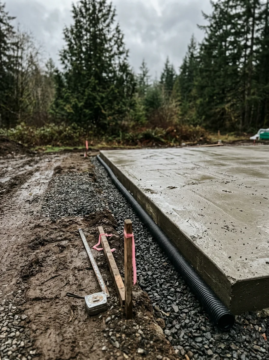 Concrete foundation pad and drainage installation on saturated soil in Skagit County mountain terrain