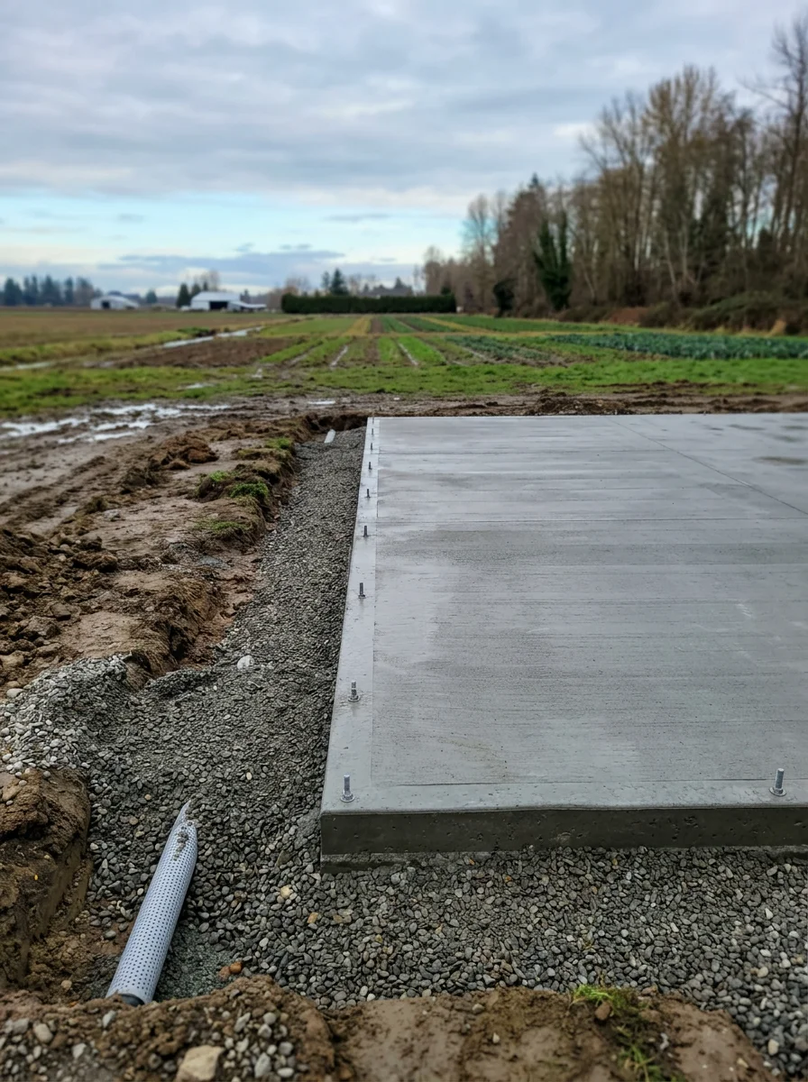 Concrete foundation pad installation on low-lying Skagit delta property with drainage infrastructure