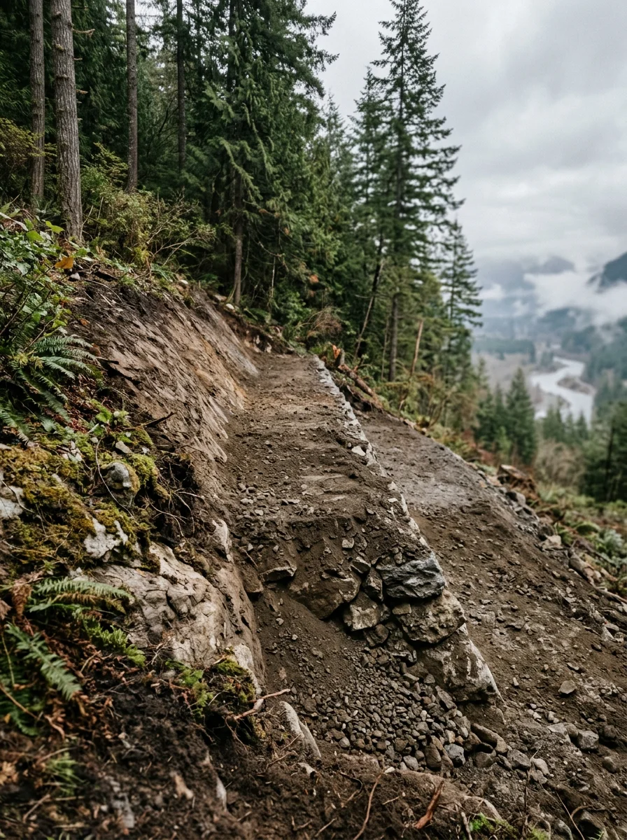 Steep terrain and retaining wall on Darrington hillside with river valley below