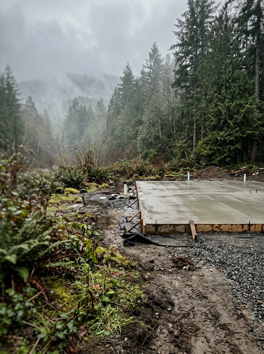 Concrete foundation pad installation on a residential lot with wet soils and river-valley terrain visible