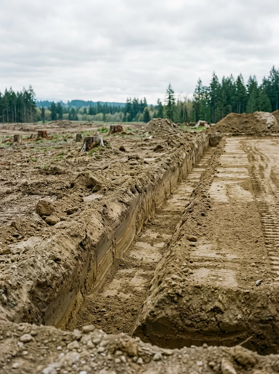 Drainage trenching and foundation pad installation for new construction in Hamilton's upland development area