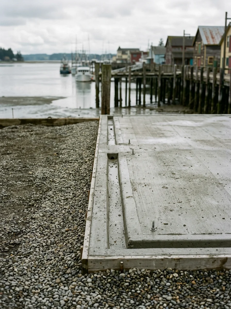Concrete foundation pad and drainage system installation on a La Conner waterfront property with water-resistant construction details