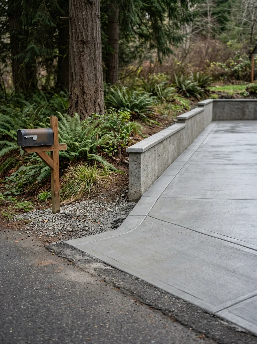 Finished concrete driveway and retaining wall on a Lake Stevens property with proper drainage grading toward the street