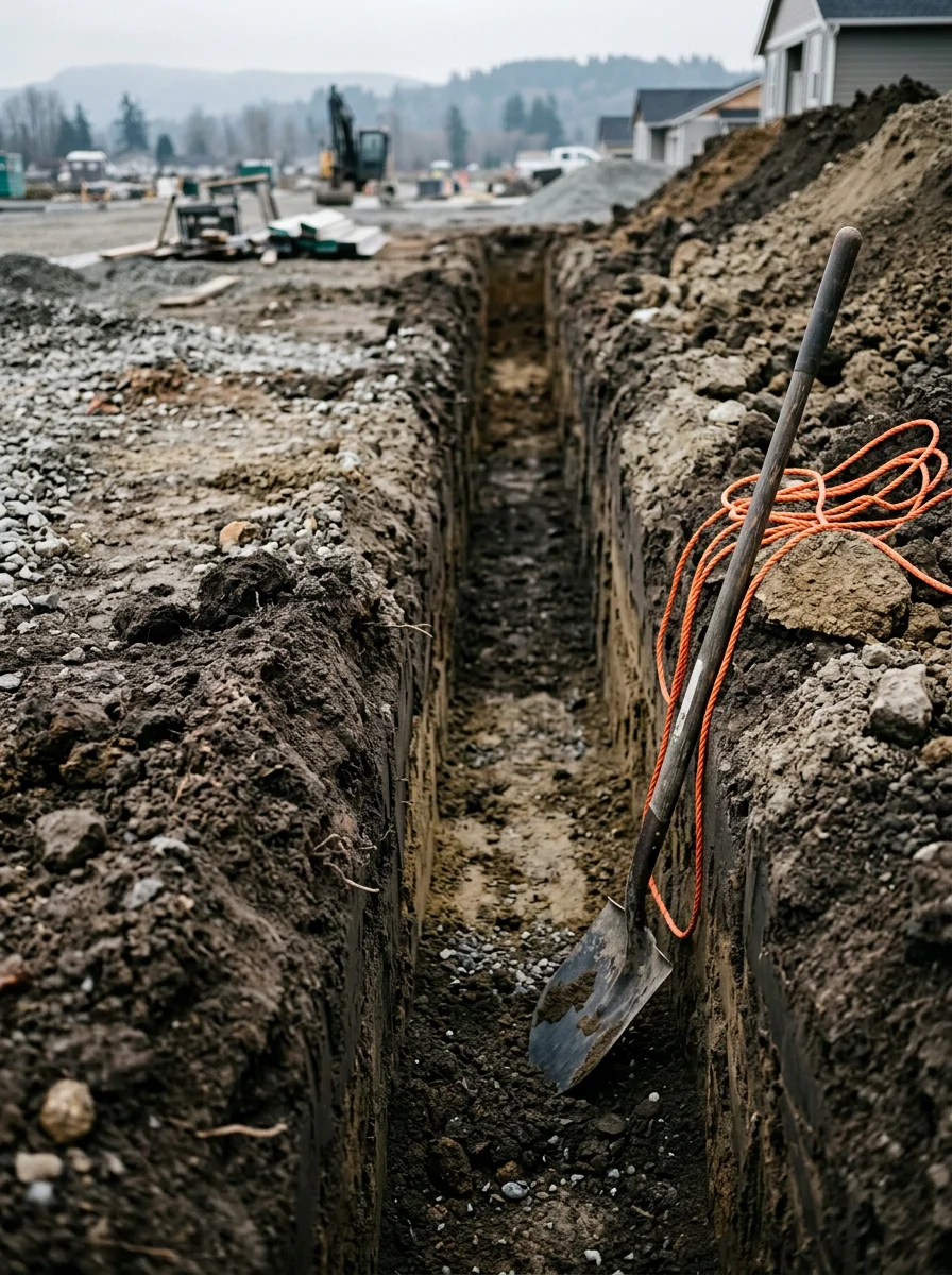 Close-up of a freshly cut utility trench in silty valley soil on a residential construction site in Mount Vernon, WA.