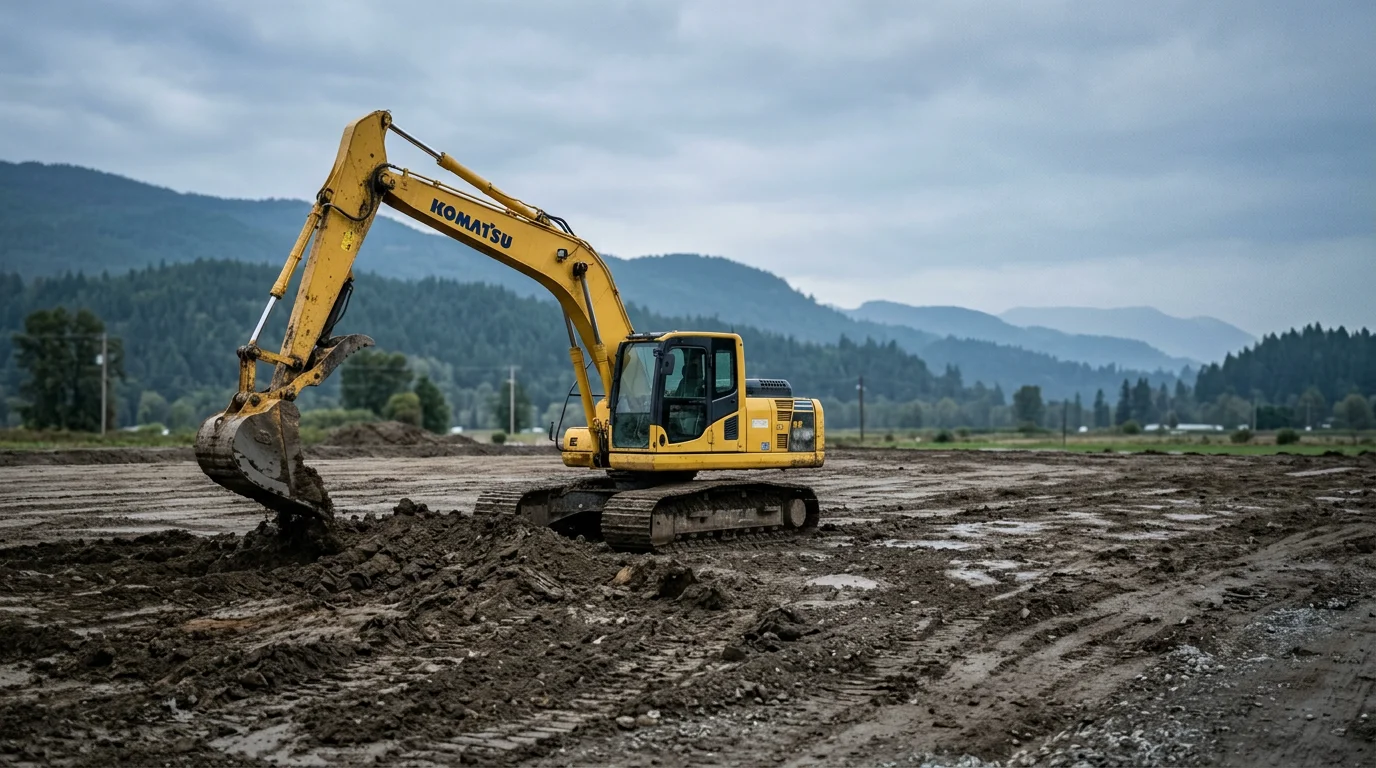 Excavator grading a flat alluvial lot in the Skagit River valley near Mount Vernon, Washington, with the Cascade foothills visible in the background.