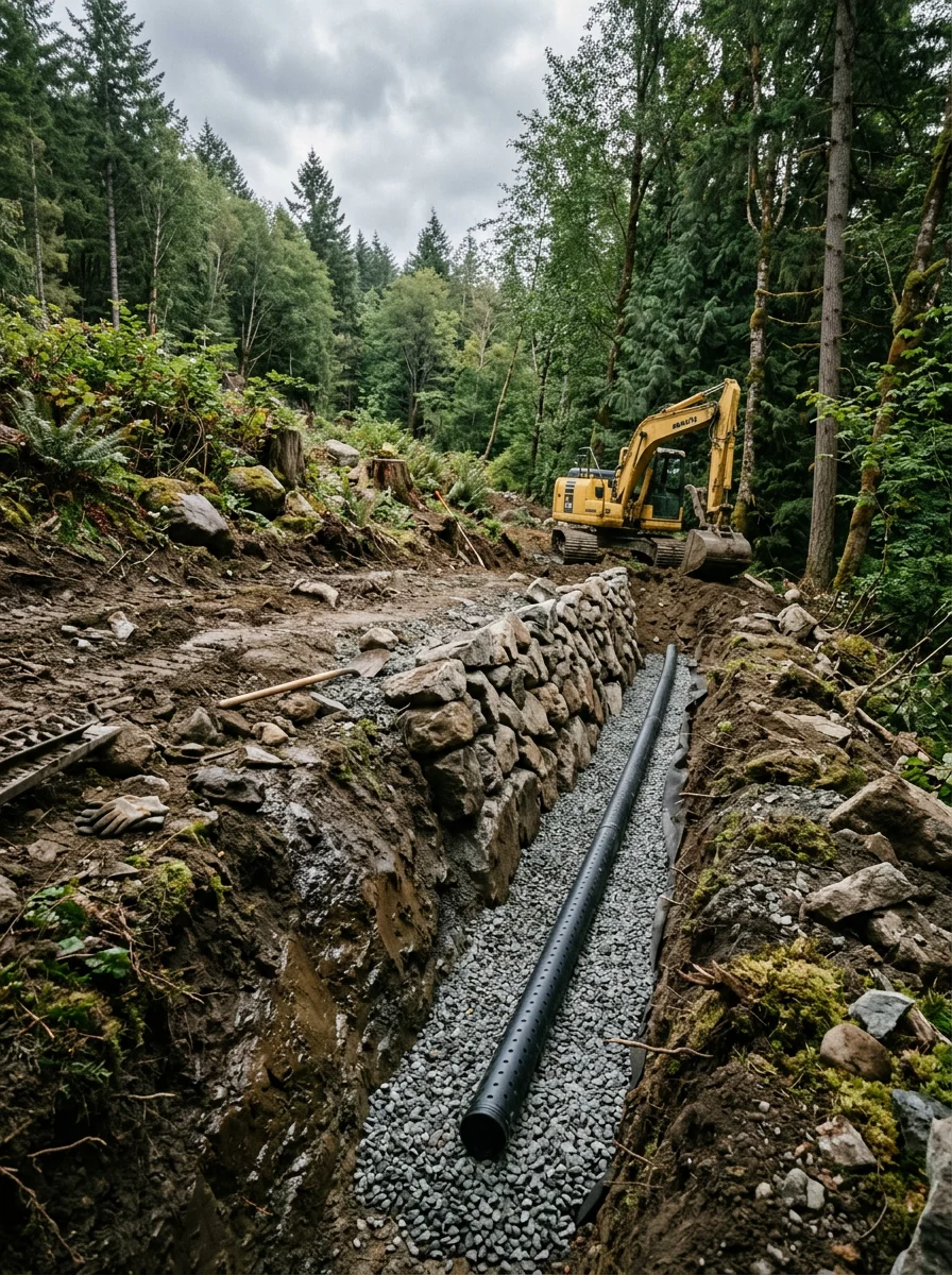 Drainage installation and retaining wall construction on a hillside in Oso's glacial terrain with visible groundwater seepage