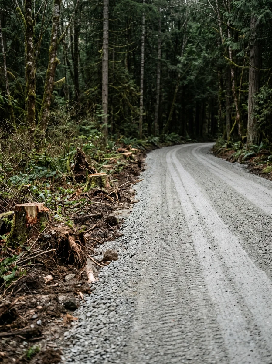Freshly graded gravel access road on a rural wooded parcel near Sedro-Woolley, WA, with cleared alder stumps along the edge.