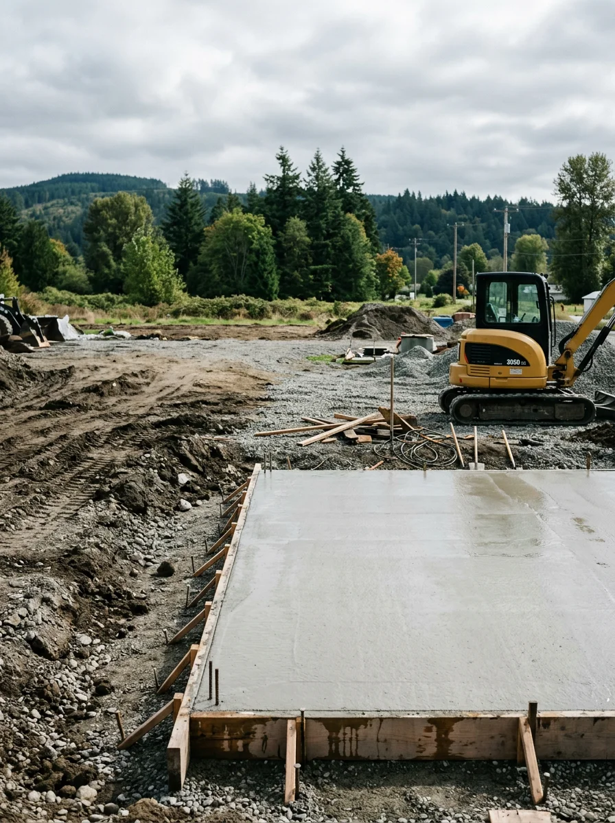 Concrete foundation pad installation on a Skagit County property with foothills visible in distance