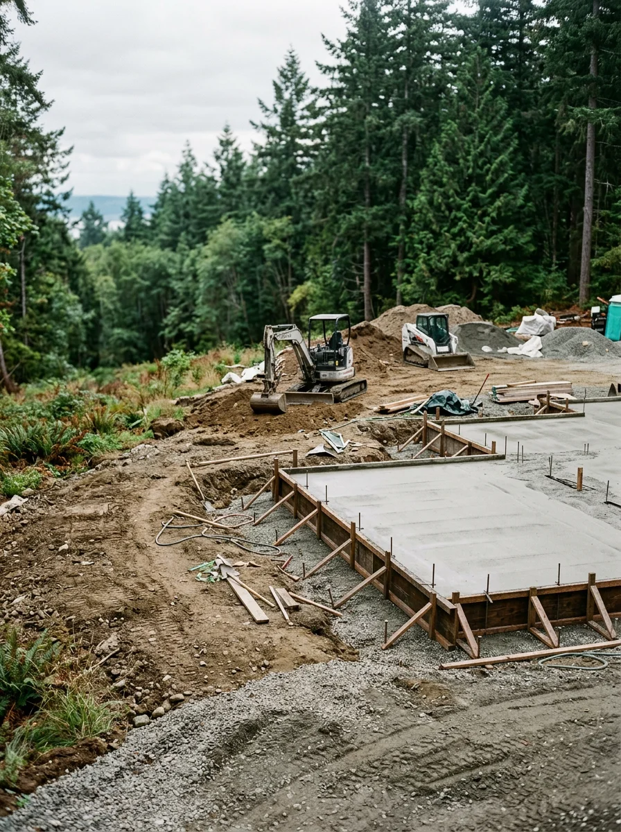 Land clearing in progress on a forested Camano Island lot, with felled Douglas fir and alder being staged for hauling before grading begins.