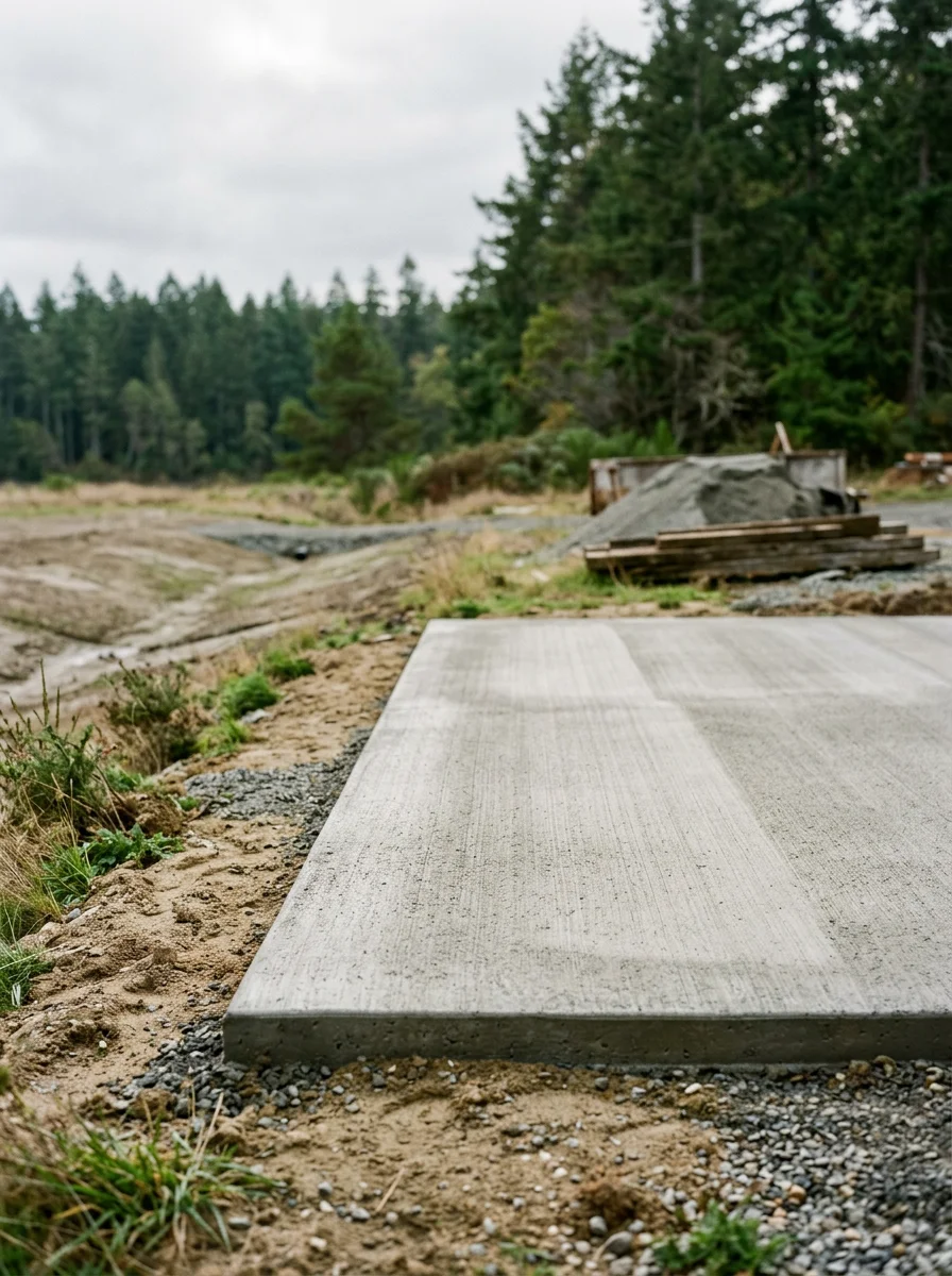 Concrete foundation pad installation on Whidbey Island site with proper drainage grading and coastal terrain