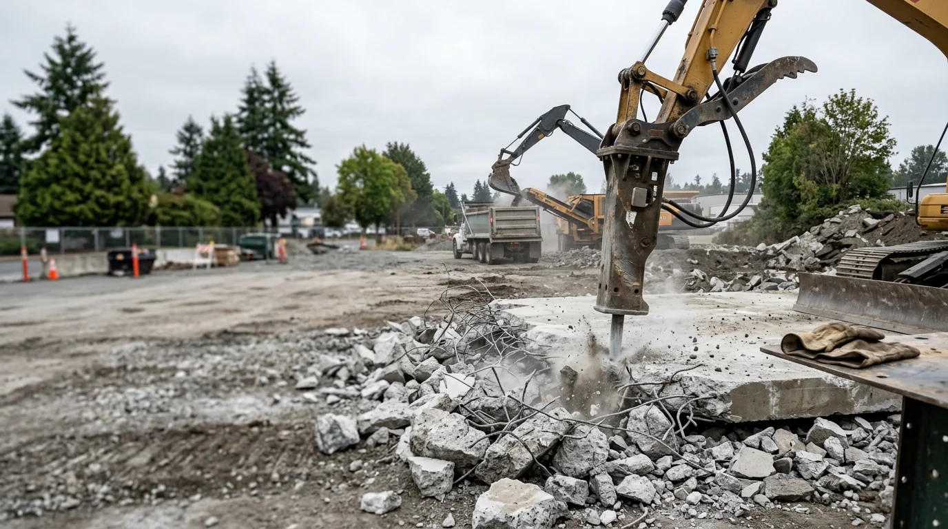 Excavator with hydraulic breaker attachment breaking up a cracked concrete slab at a residential property in Mount Vernon, Washington. Broken concrete chunks are staged nearby for hauling and recycling.