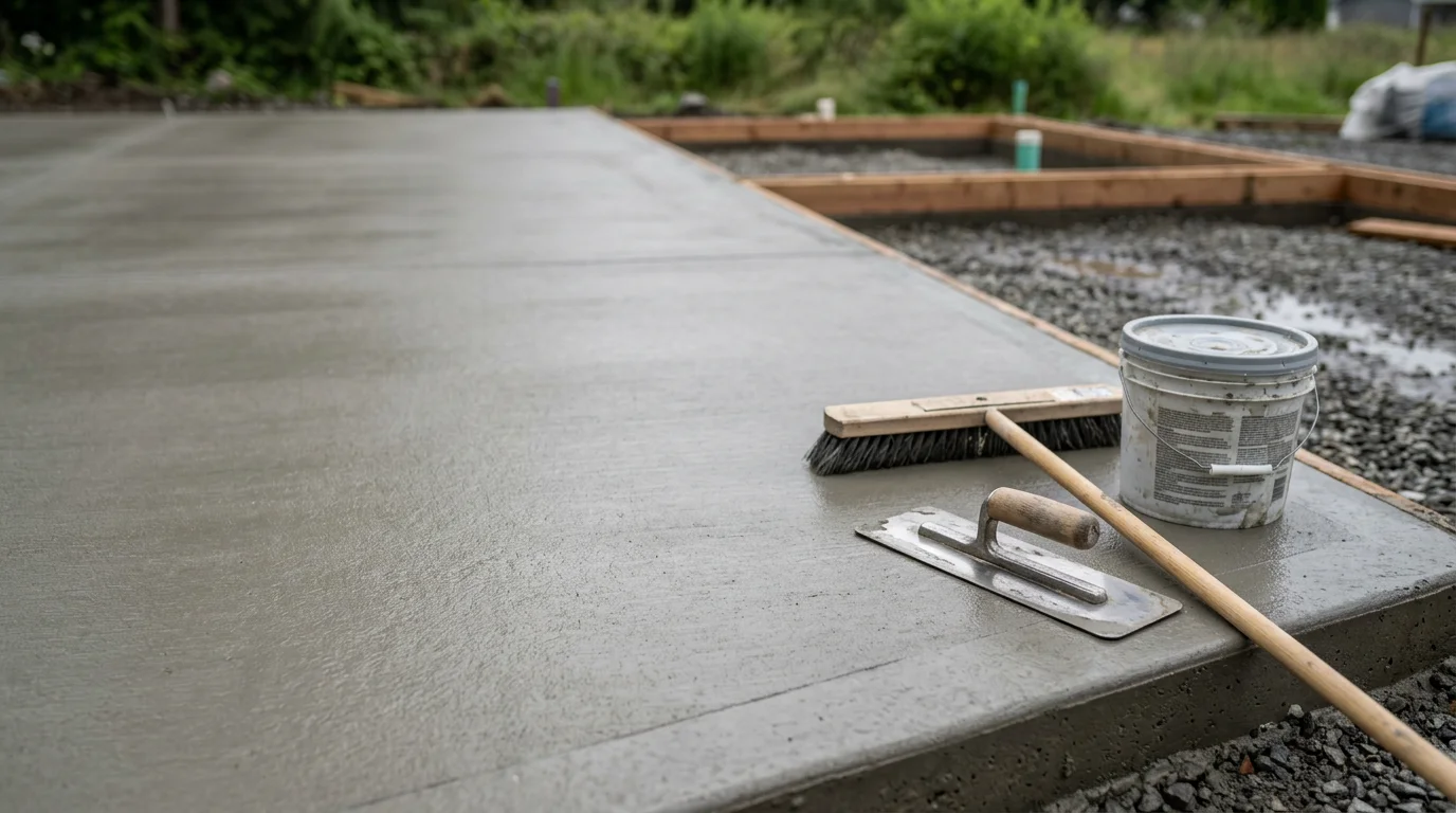 Freshly finished concrete patio slab with a smooth trowel surface outside a residential home in Mount Vernon, Washington. The finished surface shows clean edges and an even texture ready for outdoor use.