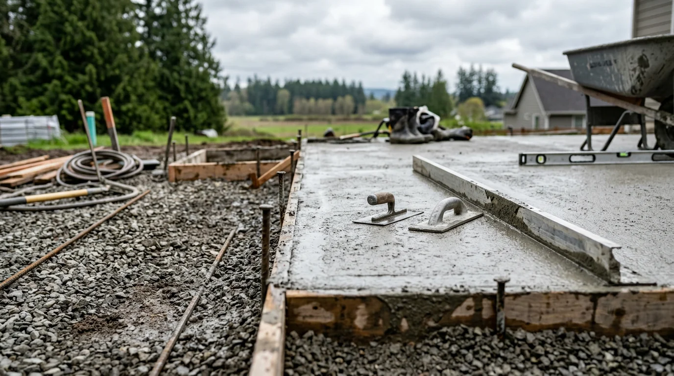 Freshly poured concrete slab installation at a residential property in Mount Vernon, Washington, with smooth surface finish and gravel base visible at the edges. Skagit County foothills visible in the background.