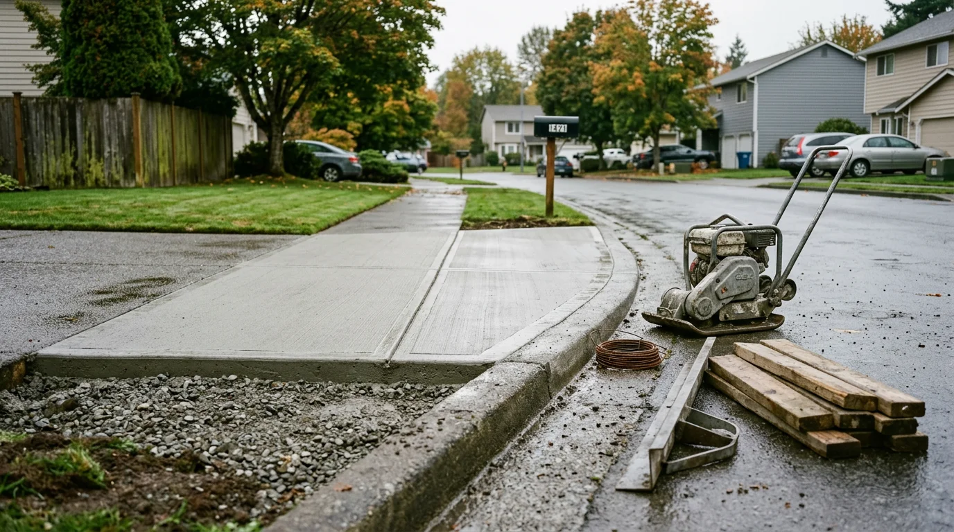 Freshly poured concrete driveway apron at a residential property in Mount Vernon, Washington, with a smooth broom finish and clean edges set against a backdrop of Pacific Northwest evergreen trees. A repaired concrete pad in the Skagit Valley showing level, crack-free surface after subgrade correction and new concrete installation.