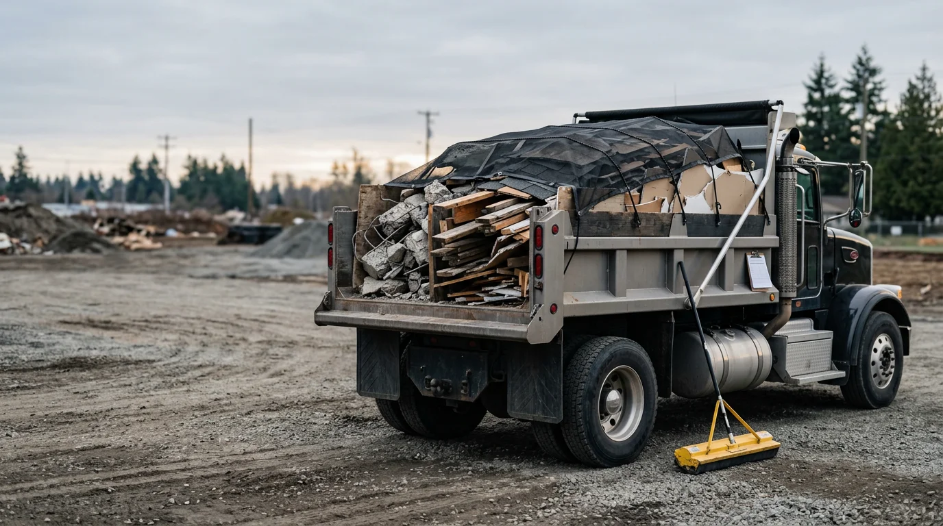 A construction job site in Mount Vernon, Washington with a loaded haul truck ready to transport demolition debris and lumber scraps away from a cleared building pad. Skagit Valley farmland and low hills are visible in the background.