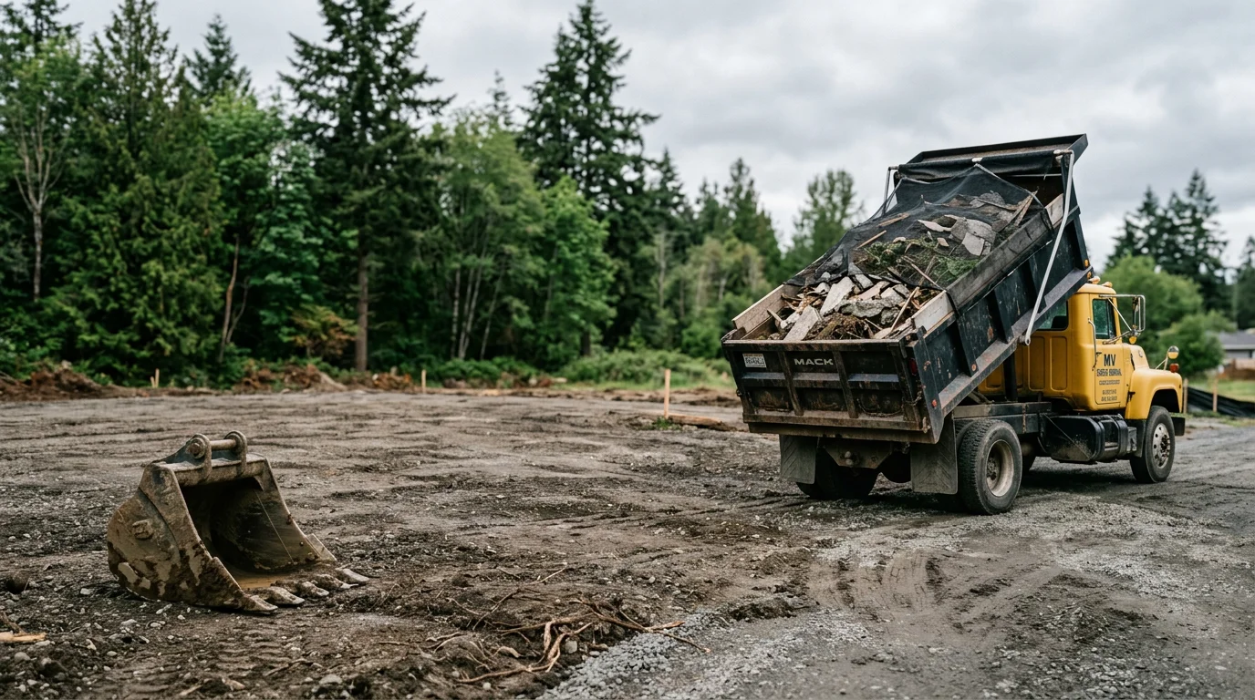 A Skagit Dirtworks truck loaded with yard debris, brush, and bulk material at a residential property in Mount Vernon, Washington. The cleared driveway and open yard space show the result of a completed debris removal job.