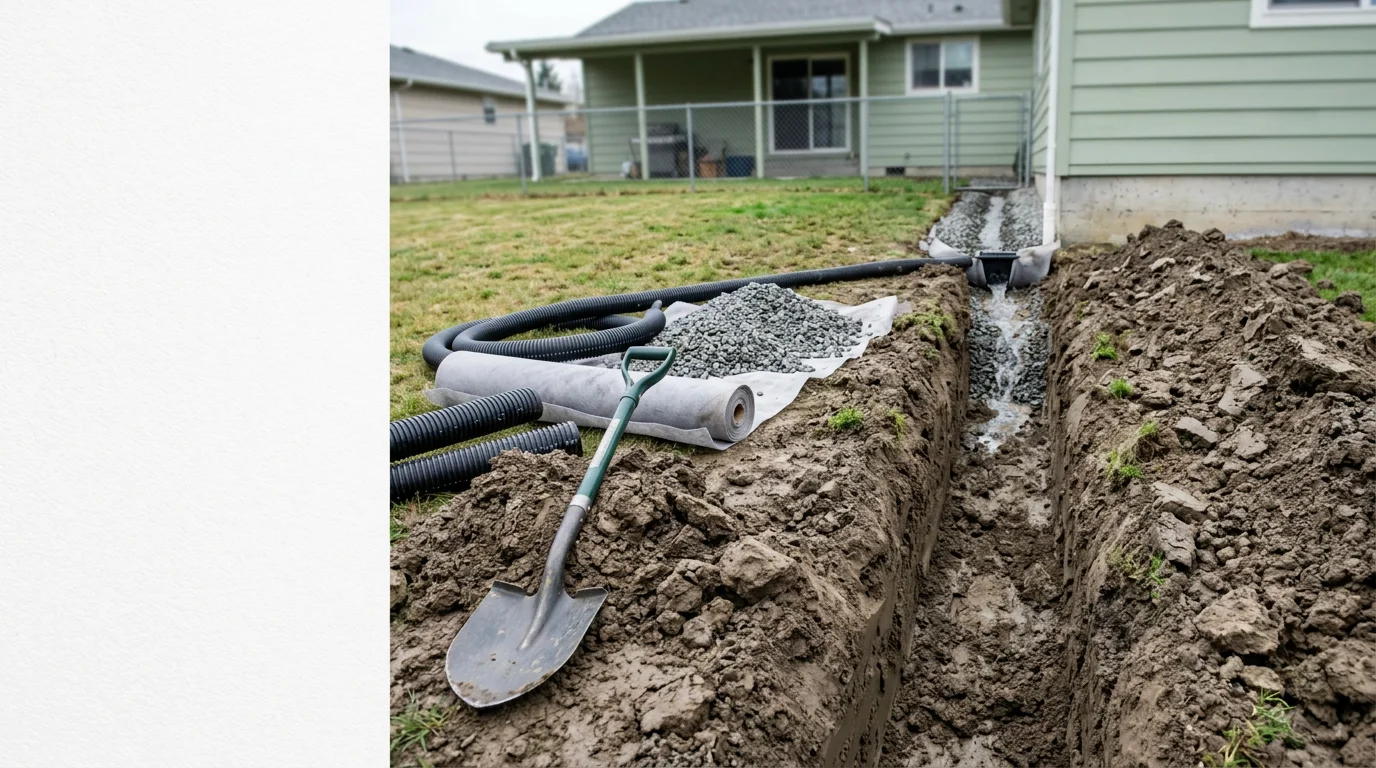A freshly graded residential yard in Mount Vernon, Washington with a newly installed drainage trench running along the property edge, surrounded by Skagit Valley clay soil. The drainage system channels water away from the home's foundation toward a designated outlet at the yard perimeter.