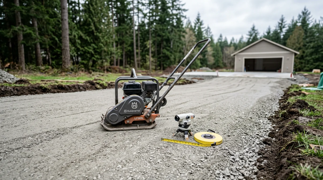 Freshly installed concrete driveway at a residential property in Mount Vernon, Washington, with clean edges and a slight cross-slope for drainage. The finished surface leads from the street to an attached garage on a typical Skagit County residential lot.