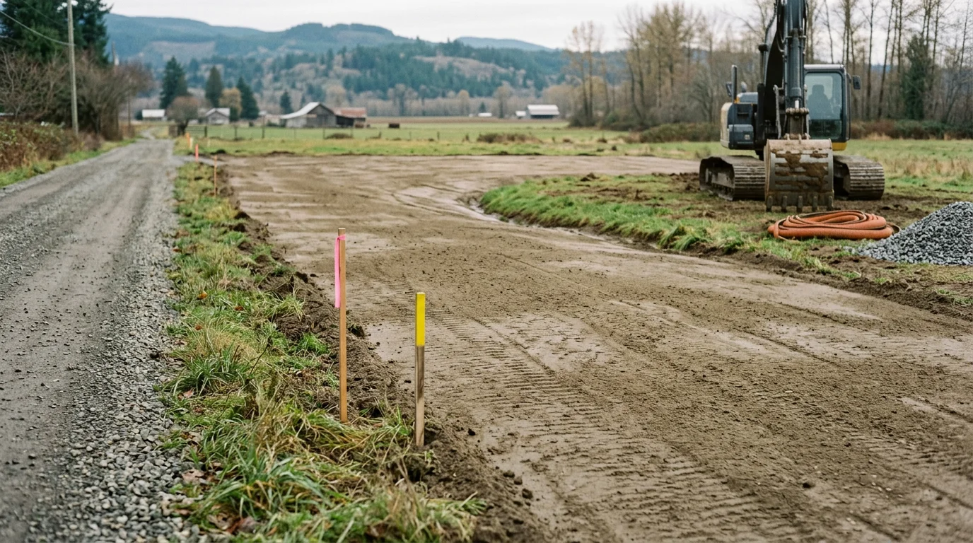 A tracked excavator cutting and leveling a rural building site in the Skagit Valley near Mount Vernon, Washington, with freshly graded soil and a flat compacted pad ready for construction.