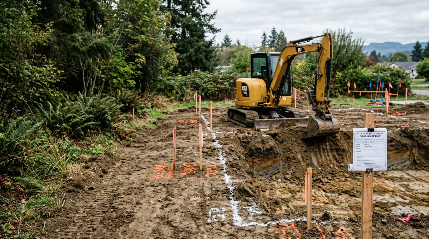 A tracked excavator digging a foundation cut on a residential lot in Mount Vernon, Washington, with cleared earth piled to the side and Cascade foothills visible in the background. The site shows clean cut edges and compacted subgrade ready for foundation work.