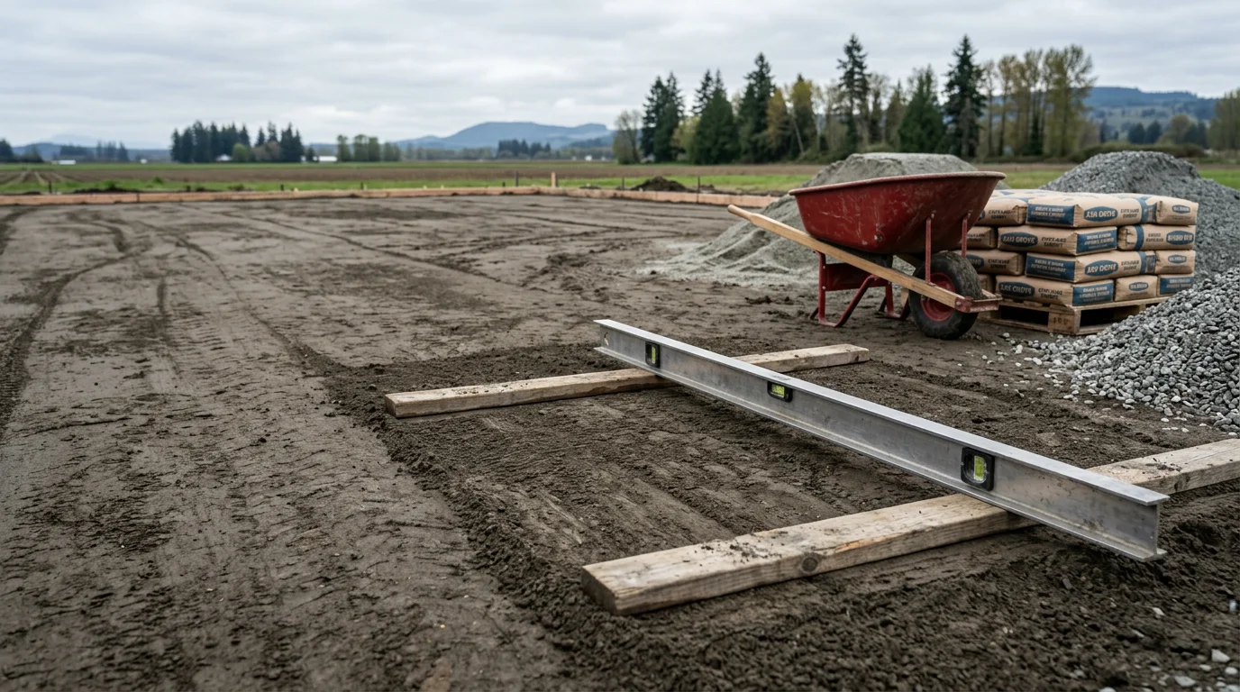 A freshly poured concrete foundation pad on a residential lot in Mount Vernon, Washington, with graded soil and drainage slope visible around the perimeter. The flat slab surface is ready for framing in a Skagit Valley setting.