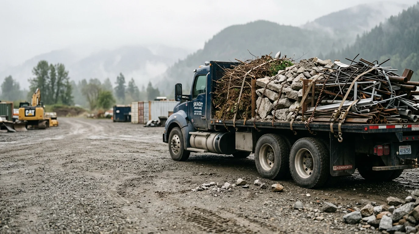 A loaded haul truck parked at a residential property in Mount Vernon, Washington, with bulk yard waste and furniture staged for removal. Skagit Valley farmland and overcast Pacific Northwest sky visible in the background.