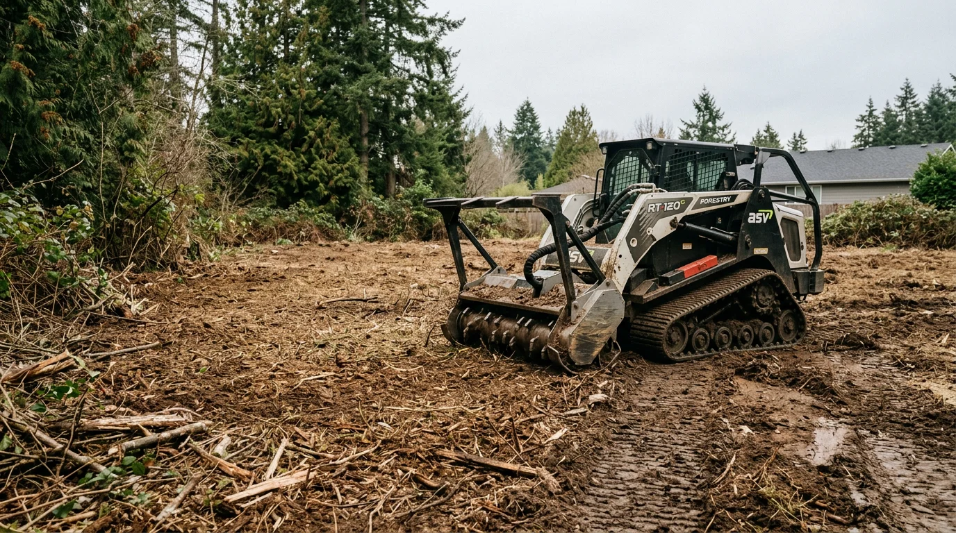 A cleared residential lot in Mount Vernon, Washington, with dense blackberry and brush removed and the ground left ready for grading. Forestry mulching equipment visible at the edge of the property with forested hills in the background.