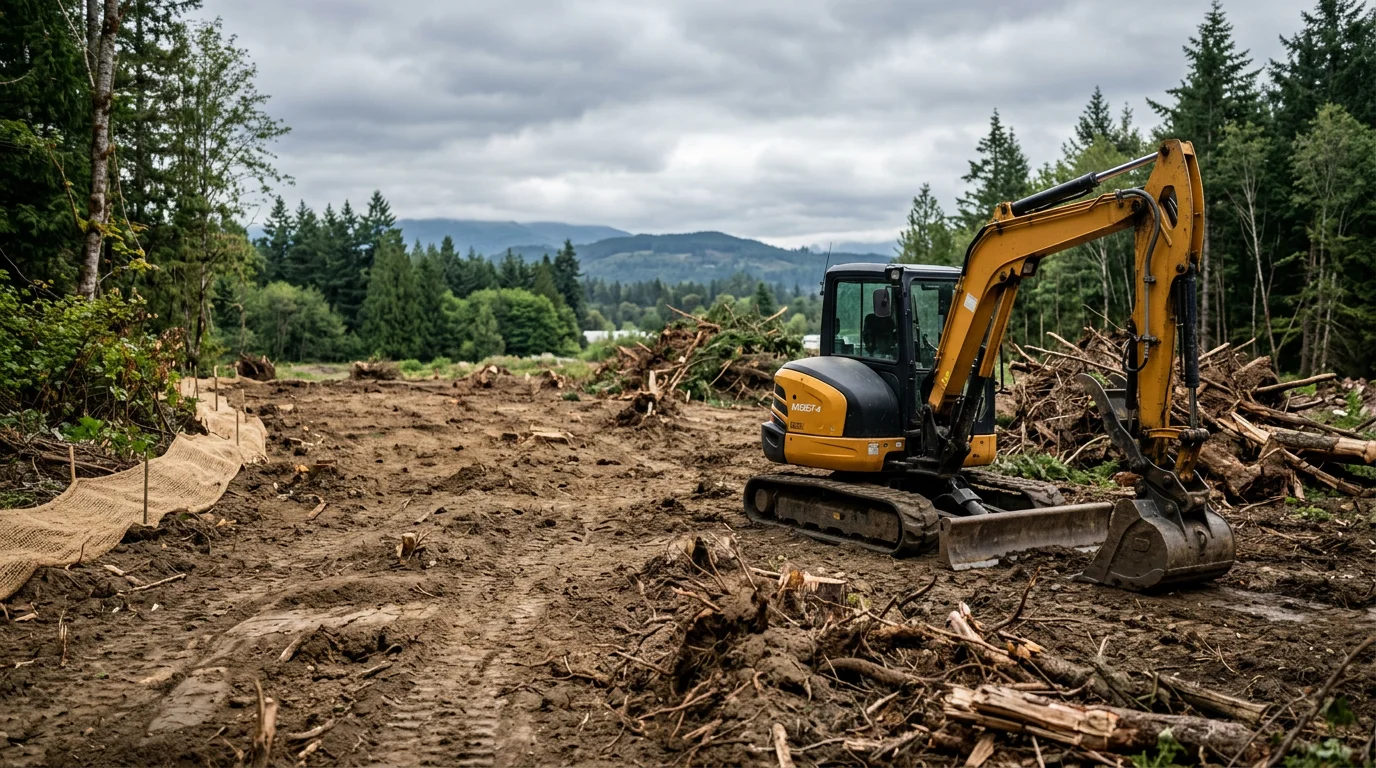 A freshly cleared residential lot in Mount Vernon, Washington, with trees and brush removed and bare ground ready for construction. Skagit valley terrain visible in the background with excavation equipment on site.