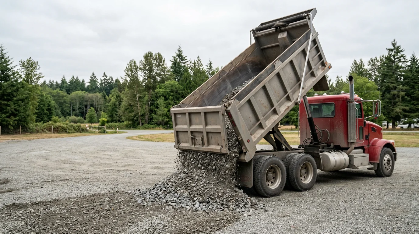 A dump truck unloading a bulk material delivery on a residential property in Mount Vernon, Washington, with the Skagit Valley landscape visible in the background. The truck bed is raised and material is being deposited at the designated drop point near the driveway.