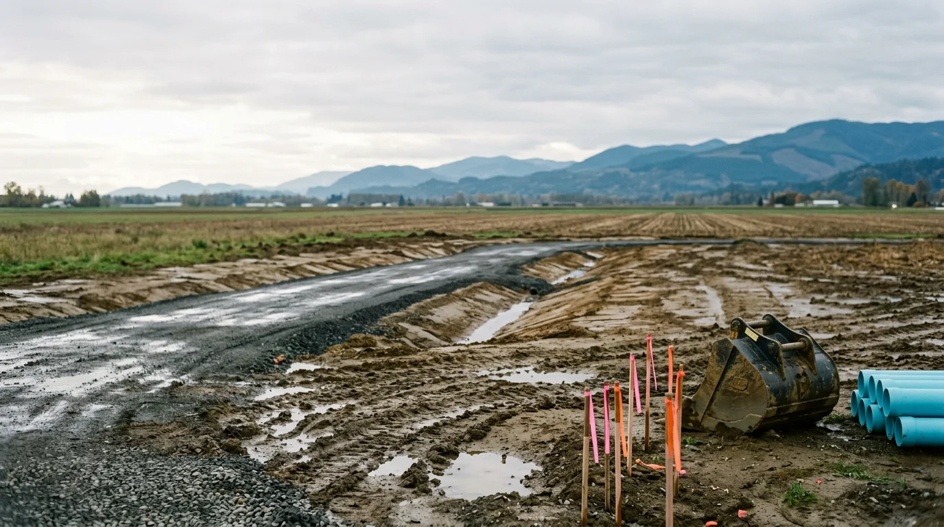 Excavator grading a cleared residential plat site in the Skagit Valley near Mount Vernon, Washington, with exposed subgrade soil and rough road alignment visible across multiple future lots.