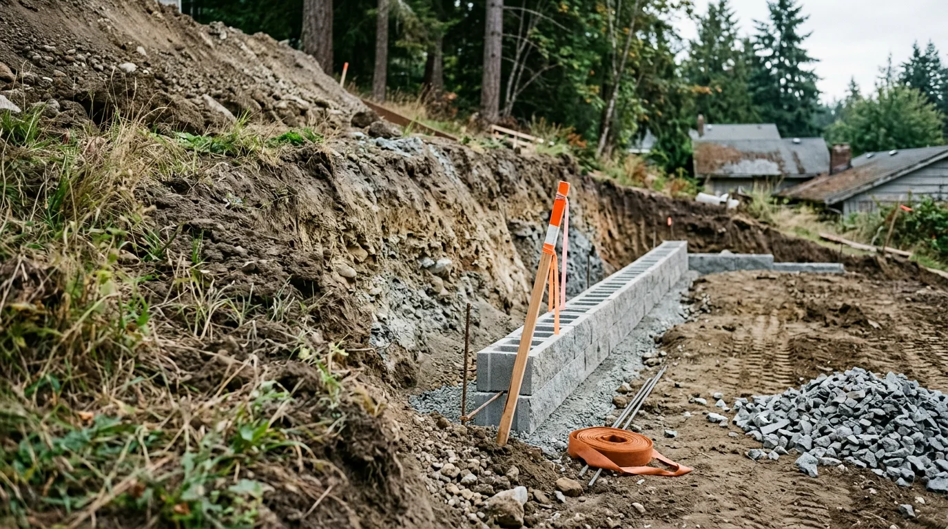 A newly designed and graded retaining wall on a sloped residential property in Mount Vernon, Washington, showing tiered earthwork and prepared drainage base ready for block installation. The Skagit Valley hillside setting is visible in the background.