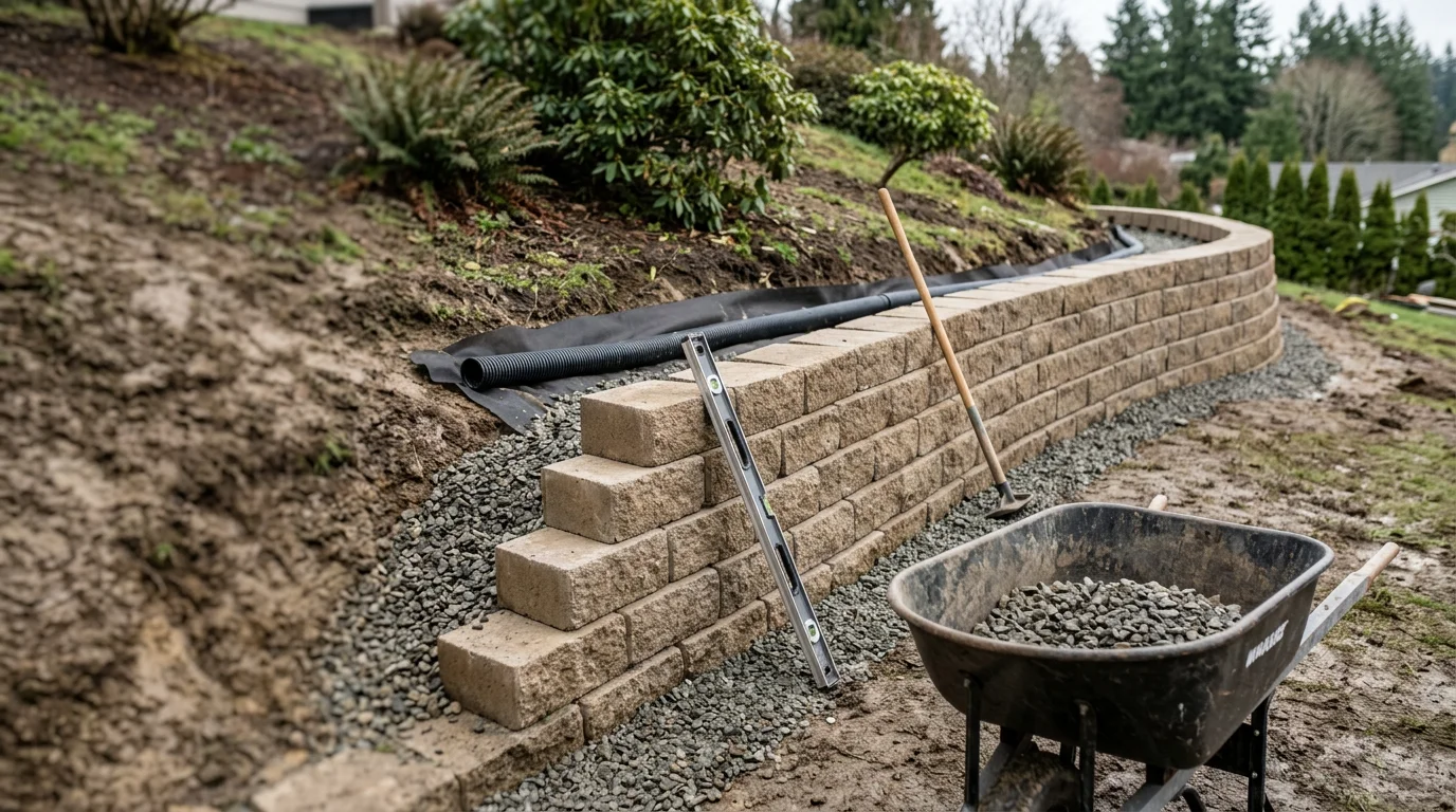 A newly installed segmental block retaining wall on a sloped residential property in Mount Vernon, Washington, with compacted gravel backfill visible and a graded yard above the wall.