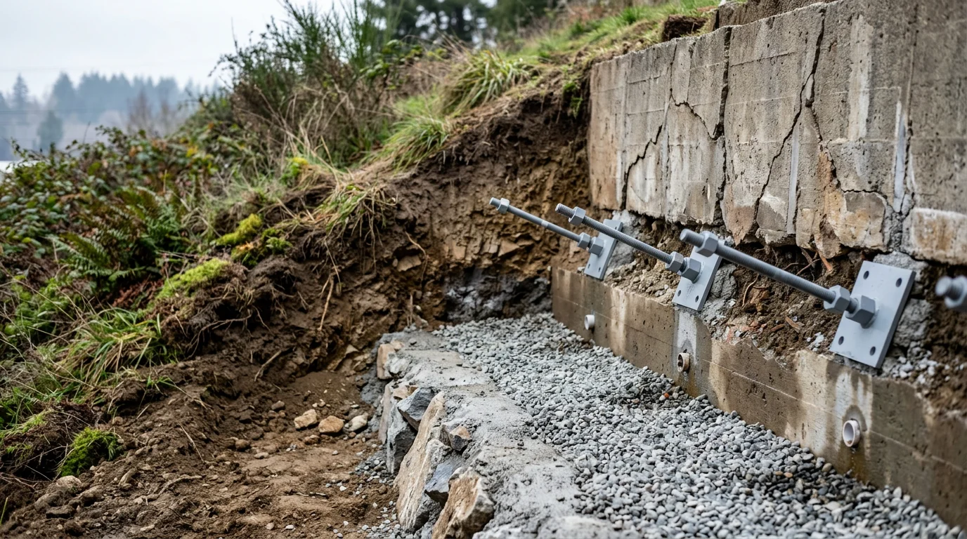A repaired concrete retaining wall on a residential slope in Mount Vernon, Washington, with compacted backfill and a stable grade behind it. The wall face is flush and level, showing no signs of leaning or cracking after repair work by Skagit Dirtworks.