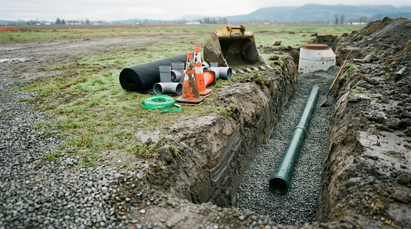 An open sewer construction trench on a flat residential lot in Mount Vernon, Washington, showing pipe bedding and newly installed sewer line ready for backfill. Skagit Valley farmland and overcast Pacific Northwest sky visible in the background.