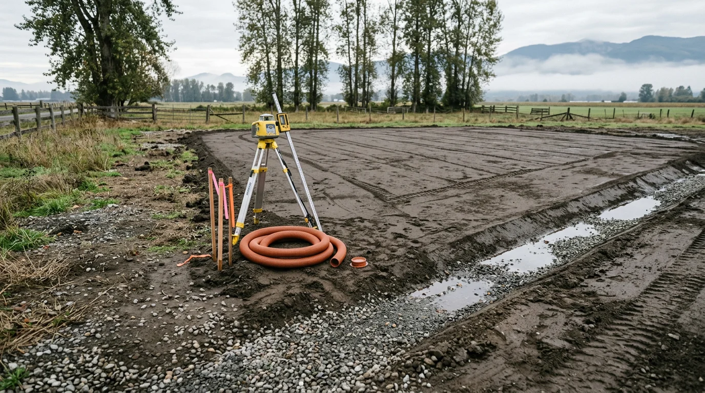 Excavator grading a raw land parcel in the Skagit Valley near Mount Vernon, Washington, with cleared soil and a leveled building pad visible in the foreground. Overcast Pacific Northwest sky and tree line in the background.