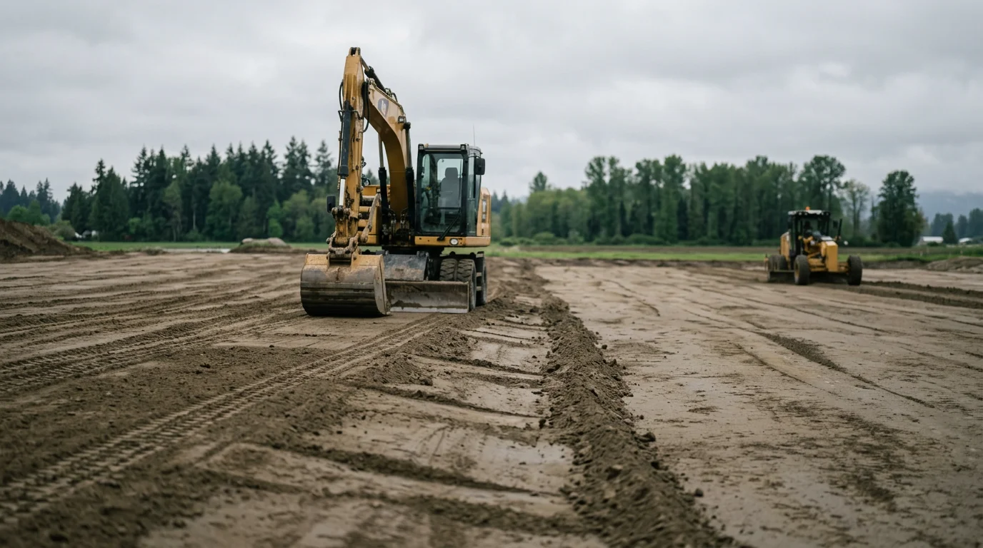 Heavy equipment grading and leveling a raw construction site on a Skagit Valley lot near Mount Vernon, Washington, with cleared ground and shaped drainage visible across the build pad.