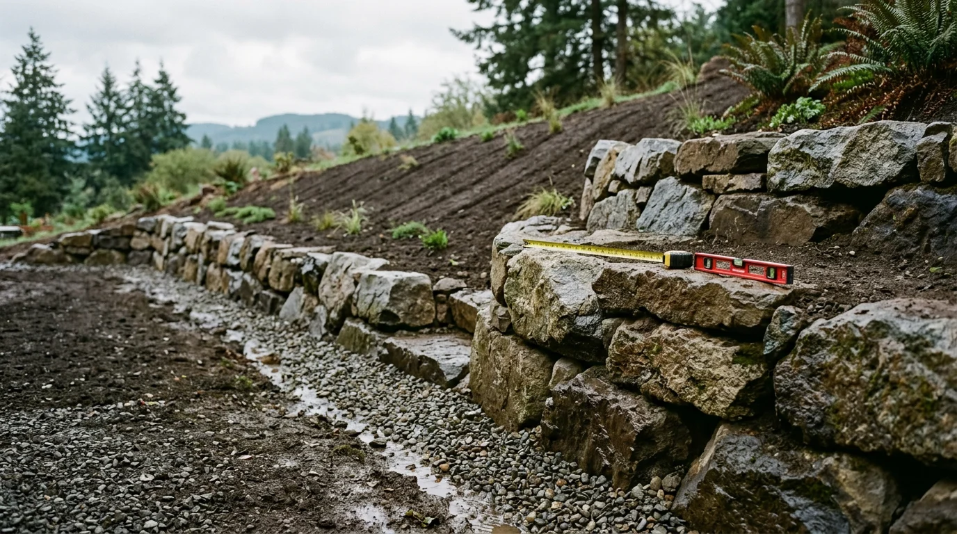 A stabilized hillside slope on a residential property in Mount Vernon, Washington, showing compacted graded earth, integrated drainage, and early vegetative ground cover holding soil in place along a steep grade.