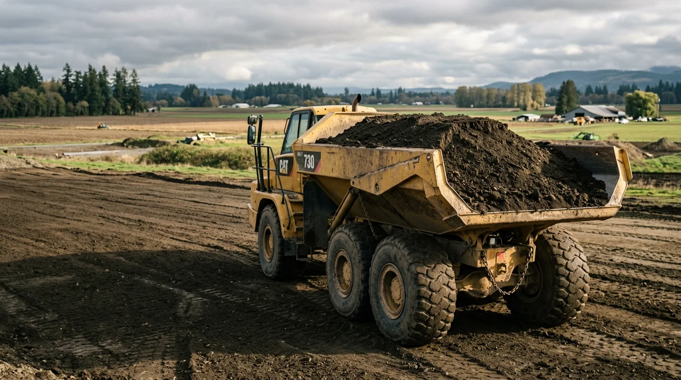 A dump truck loaded with dark topsoil parked at a graded residential lot in Mount Vernon, Washington, with the Skagit Valley farmland visible in the background. The truck bed is raised mid-dump, releasing soil onto a prepared building site.